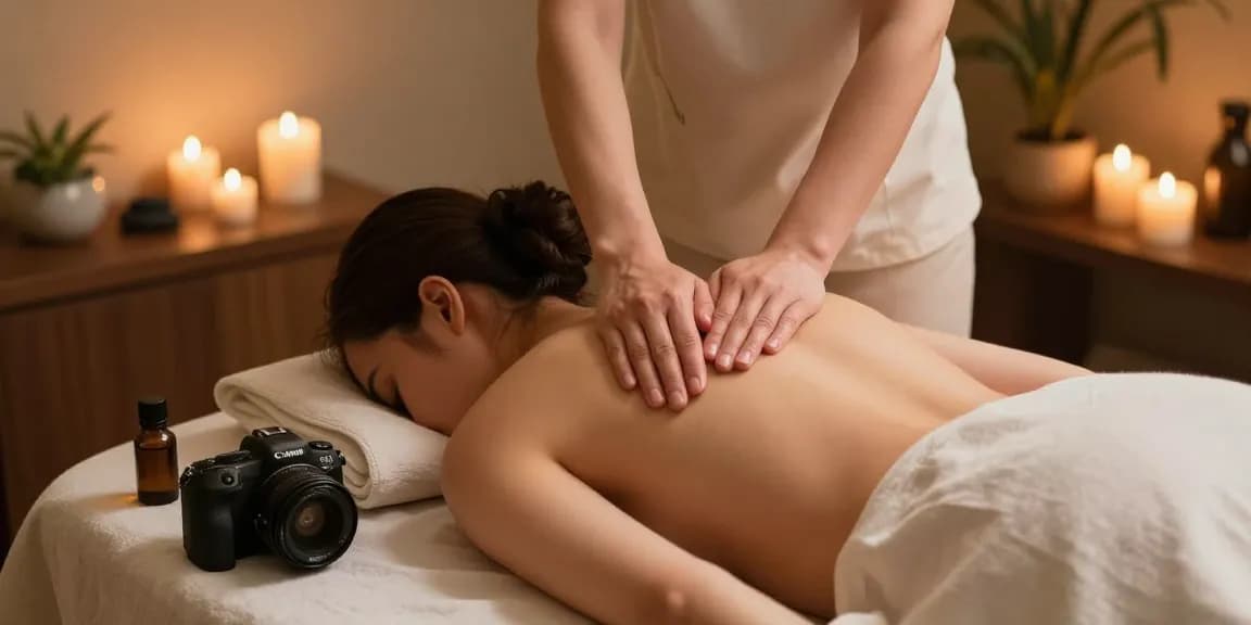 마사지 세션 중인 모습으로, 마사지 테이블 위의 고객을 위한 스웨디시 마사지, 편안한 분위기와 아로마 초가 있는 모습