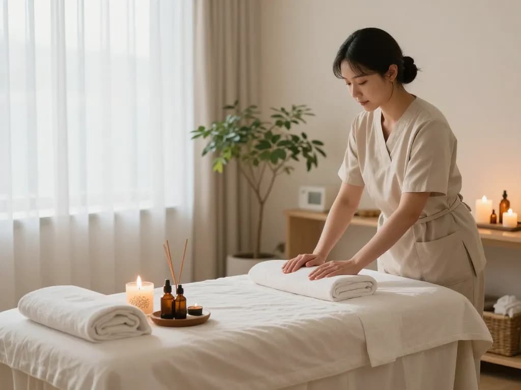 Relaxing massage therapy room prepared for 삼성동마사지 treatments with calming atmosphere and natural light.