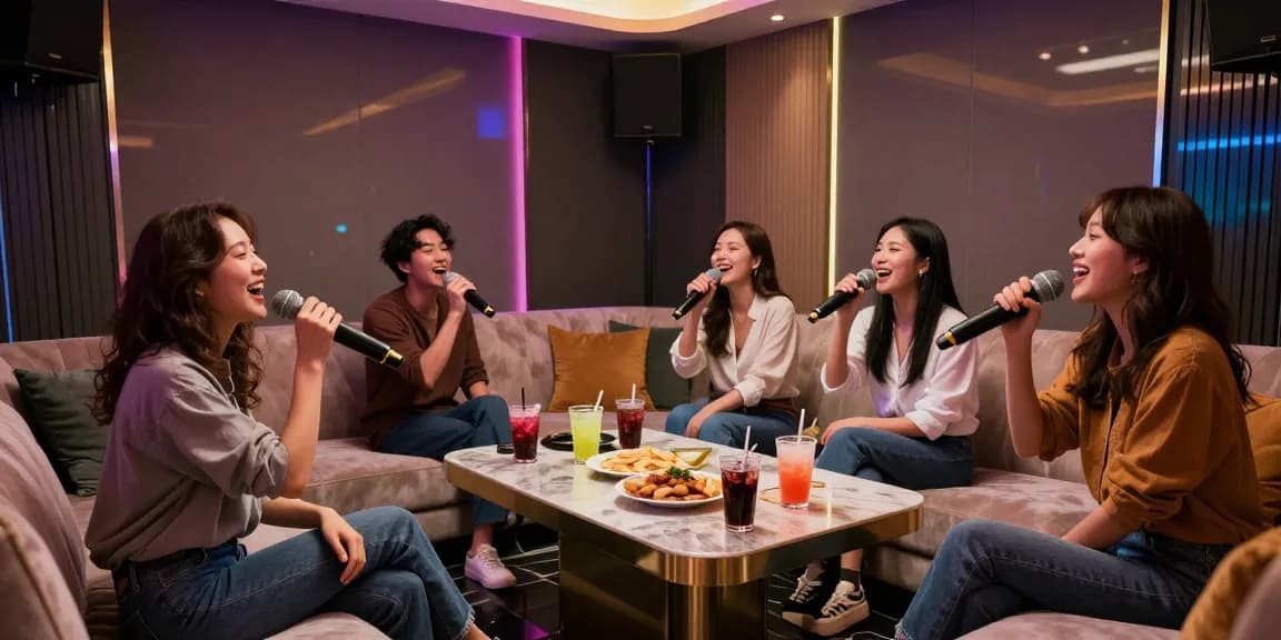 강남가라오케에서 즐거운 시간을 보내는 친구들, 고급스러운 인테리어와 활기찬 조명이 돋보이는 모습