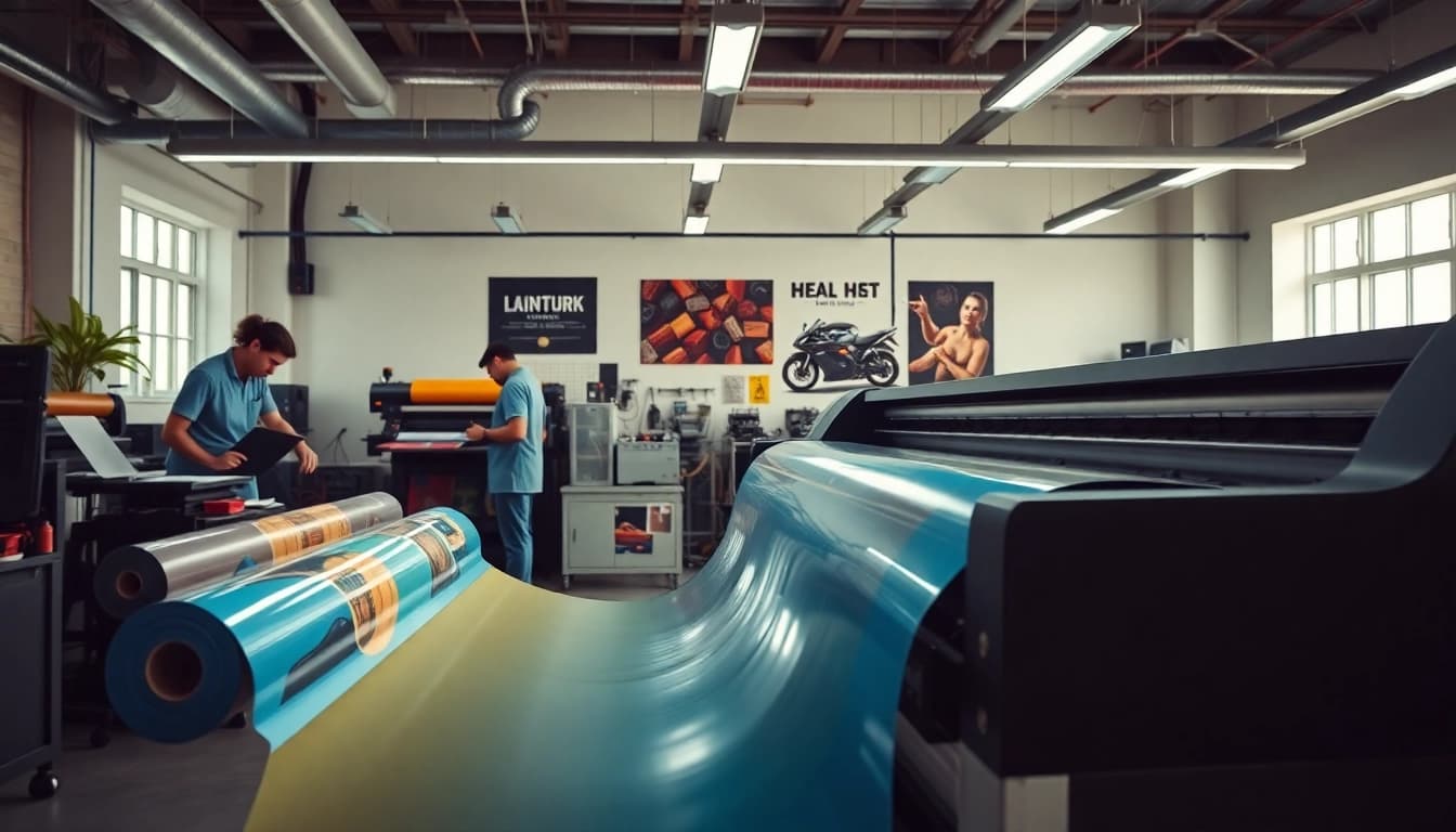 Configuración de impresión de vinilos de alta calidad con materiales vibrantes en un entorno de trabajo profesional