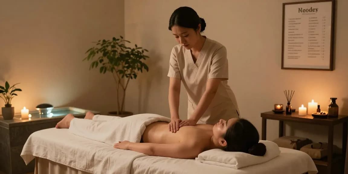 마사지 중인 고객과 테라피스트, 아로마 캔들과 식물이 있는 편안한 공간.
