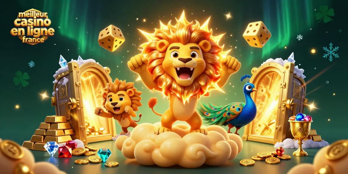 Visualisation du meilleur casino en ligne France avec un lion en 3D, des dés dorés et des trésors brillants.