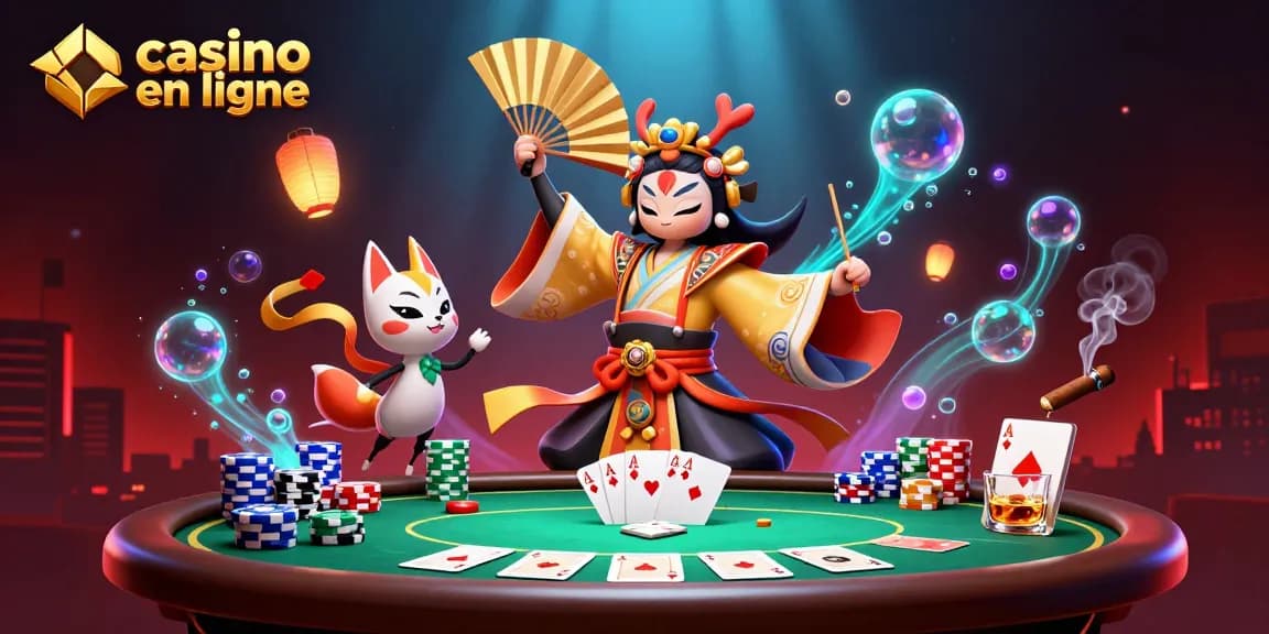 Plongez dans l'univers captivant du casino en ligne avec cette illustration dynamique mettant en scène des éléments de jeu emblématiques.