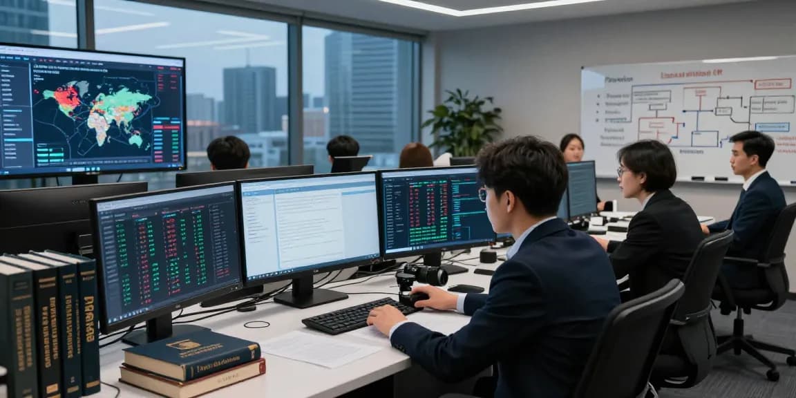 Data analyst focusing on financial crime intelligence in a modern operations room with high-tech displays and analytical tools.