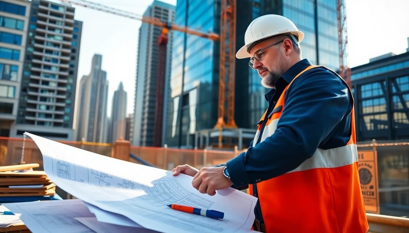 Manhattan General Contractor evaluating construction plans amidst urban project settings.