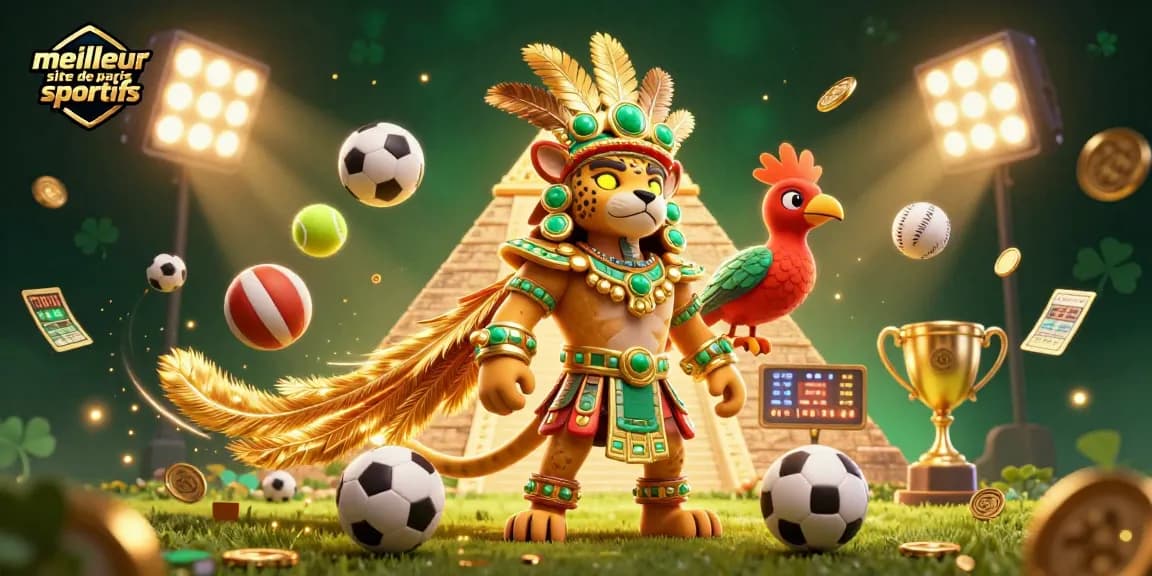 Pariez sur le meilleur site de paris sportifs avec une illustration dynamique de personnages mayas et des éléments sportifs en action.