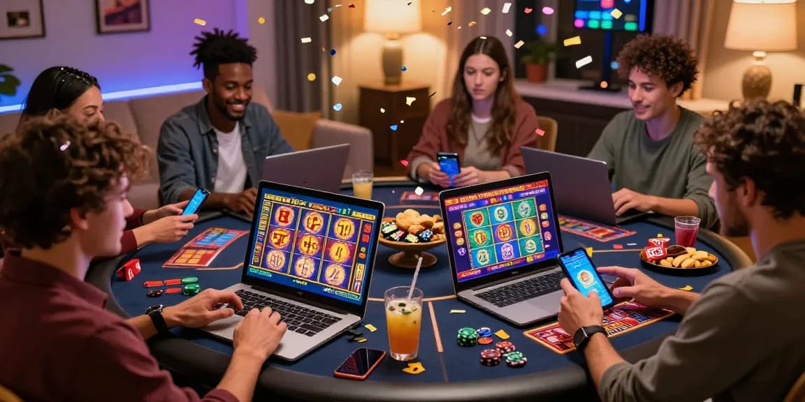 Players engaging with online credit card casinos on laptops and smartphones in a festive home setting.