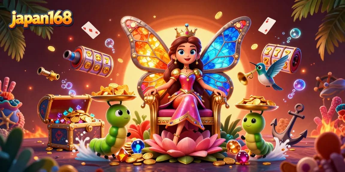 Engage with japan168's vibrant 3D casino illustration showcasing a colorful butterfly queen amidst dynamic casino elements.