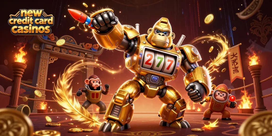 Experience the thrilling atmosphere of new credit card casinos with a dynamic scene featuring a golden gorilla mech.