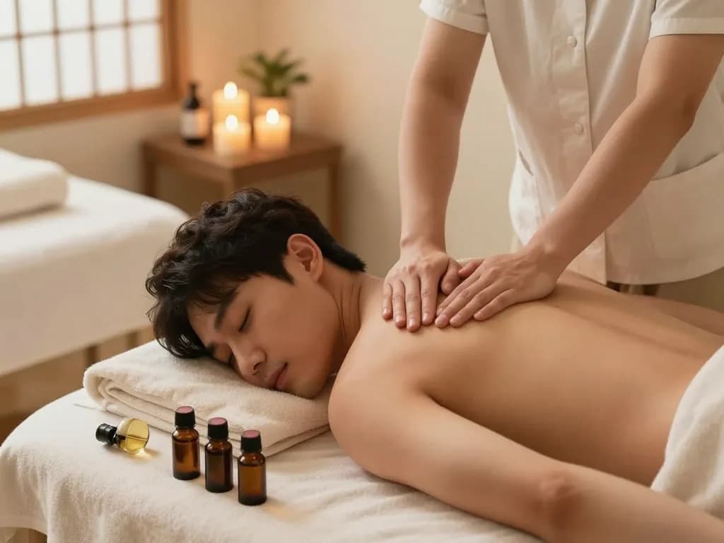 편안함과 재충전을 강조하는 고요한 스파 환경에서 포항스웨디시 마사지를 즐기는 남성 고객.
