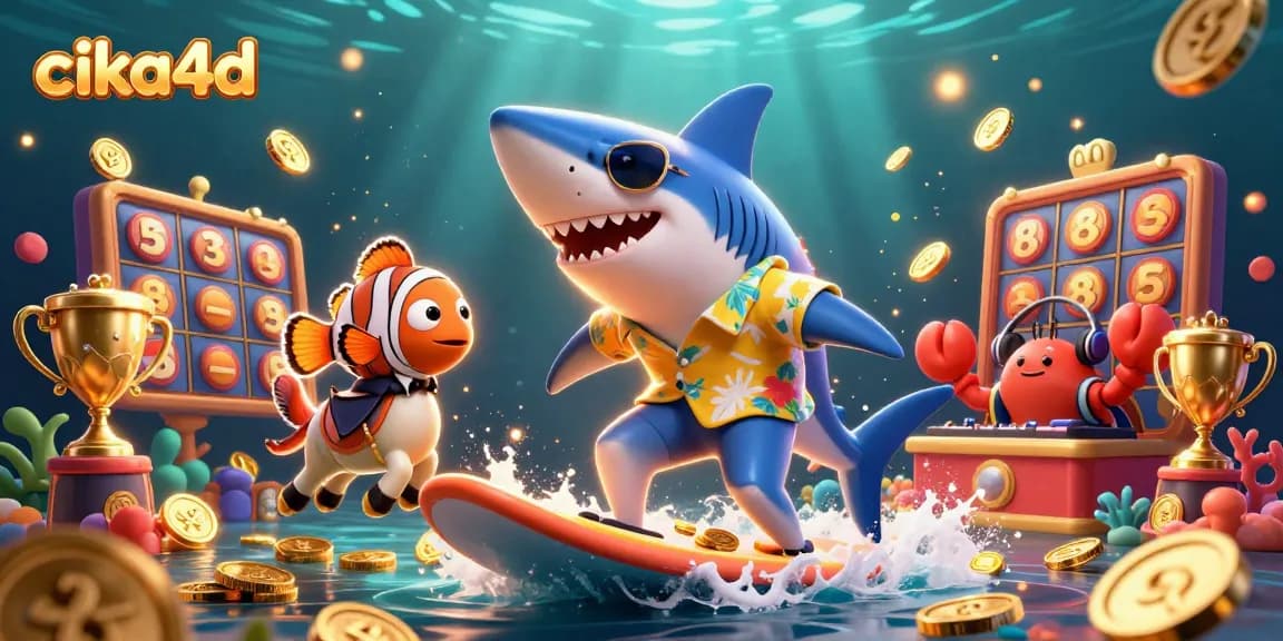 Cikan4d players enjoy a vibrant illustration showcasing slots and jackpot excitement with underwater characters.