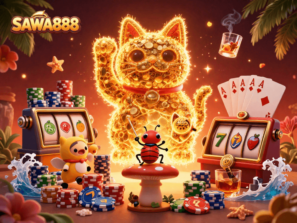 Immerse in SAWA888's dynamic gaming world with vibrant symbols and the lucky cat!