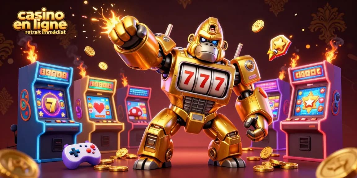 Plays casino en ligne retrait immédiat avec un robot gorille représentant des machines à sous, lucioles de pièces, et ambiance de jeu.