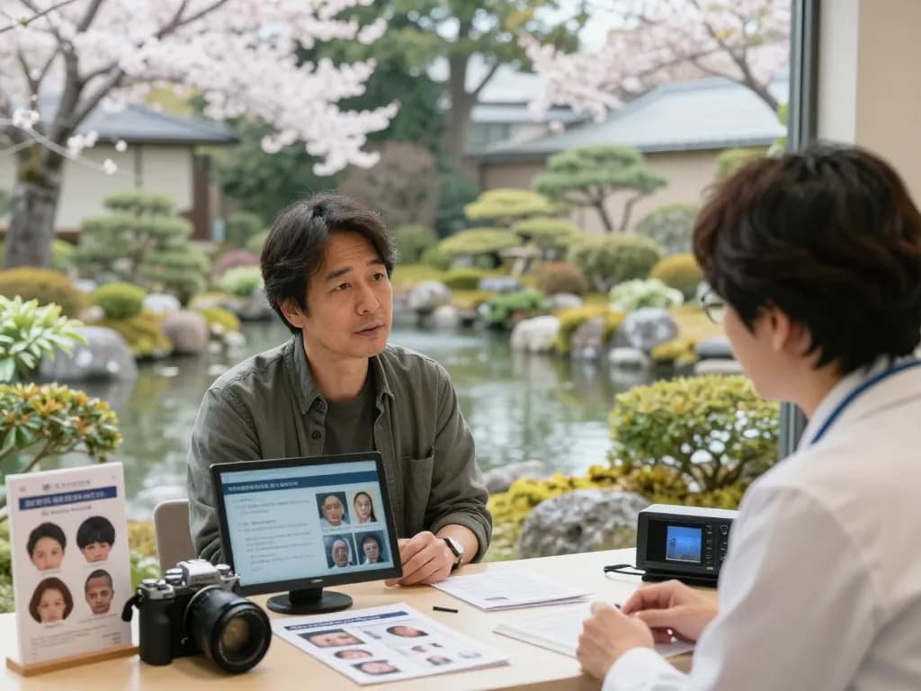 自毛植毛おすすめ口コミ＆評判情報【ショクコミ】を紹介する、静かな日本庭園での植毛相談シーン。