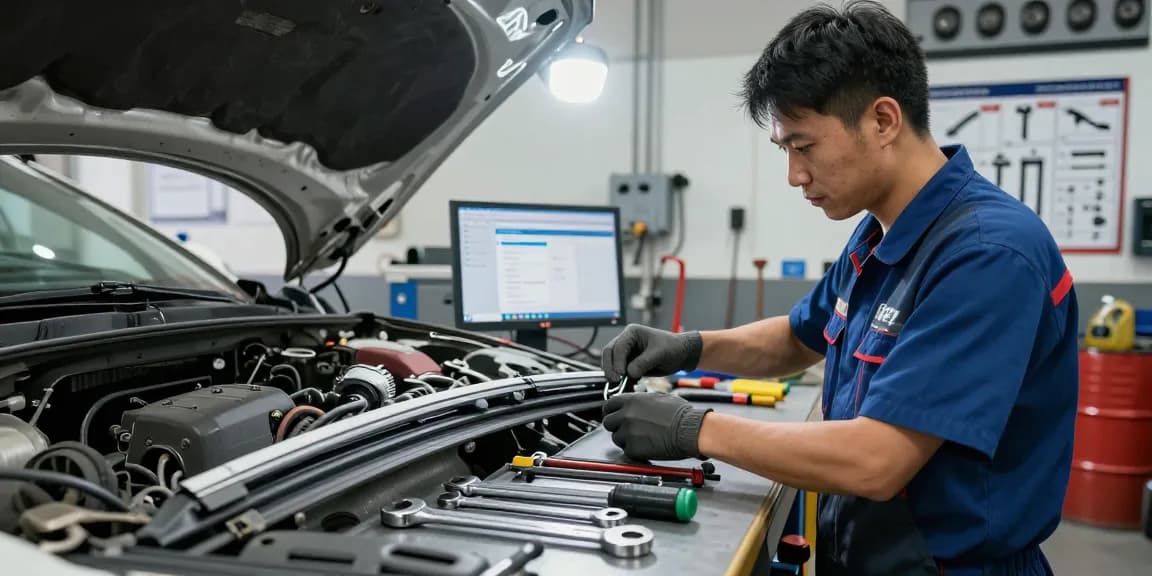 Expert technician inspecting a flat wiper blade in an automotive workshop.