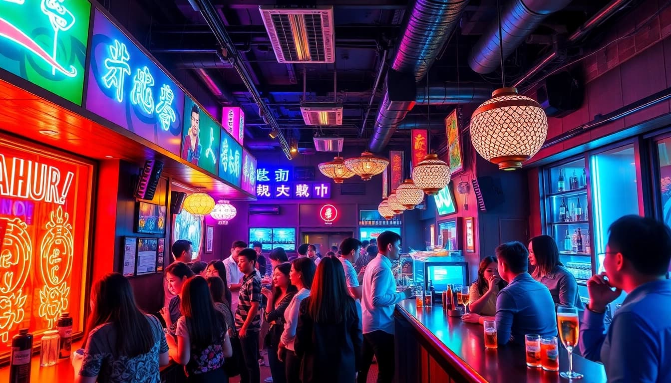 제주도 유흥을 보여주는 활기찬 노래방의 네온 조명과 에너제틱한 손님들로 가득한 제주의 밤문화 장면.