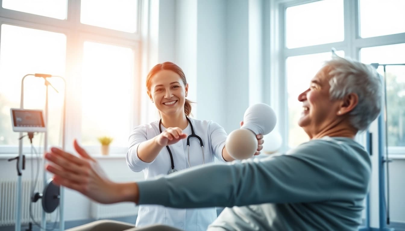 Engaged physiotherapist demonstrating techniques in griesbach physiotherapy session.