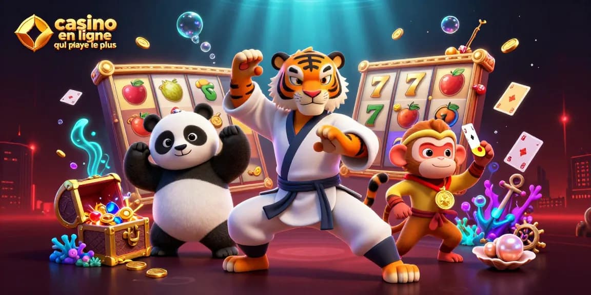Illustration dynamique mettant en avant "casino en ligne qui paye le plus", avec un tigre kung-fu et des éléments de slot.