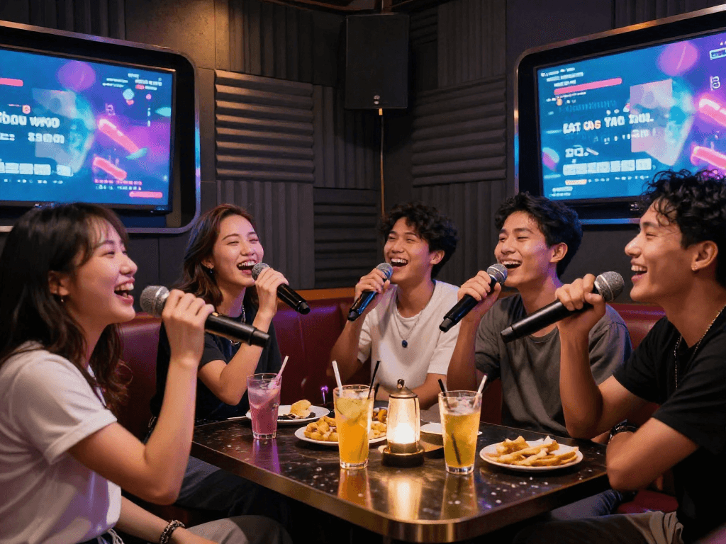 강남 디저트 하이퍼블릭 가라오케에서 즐거운 저녁을 보내는 친구들