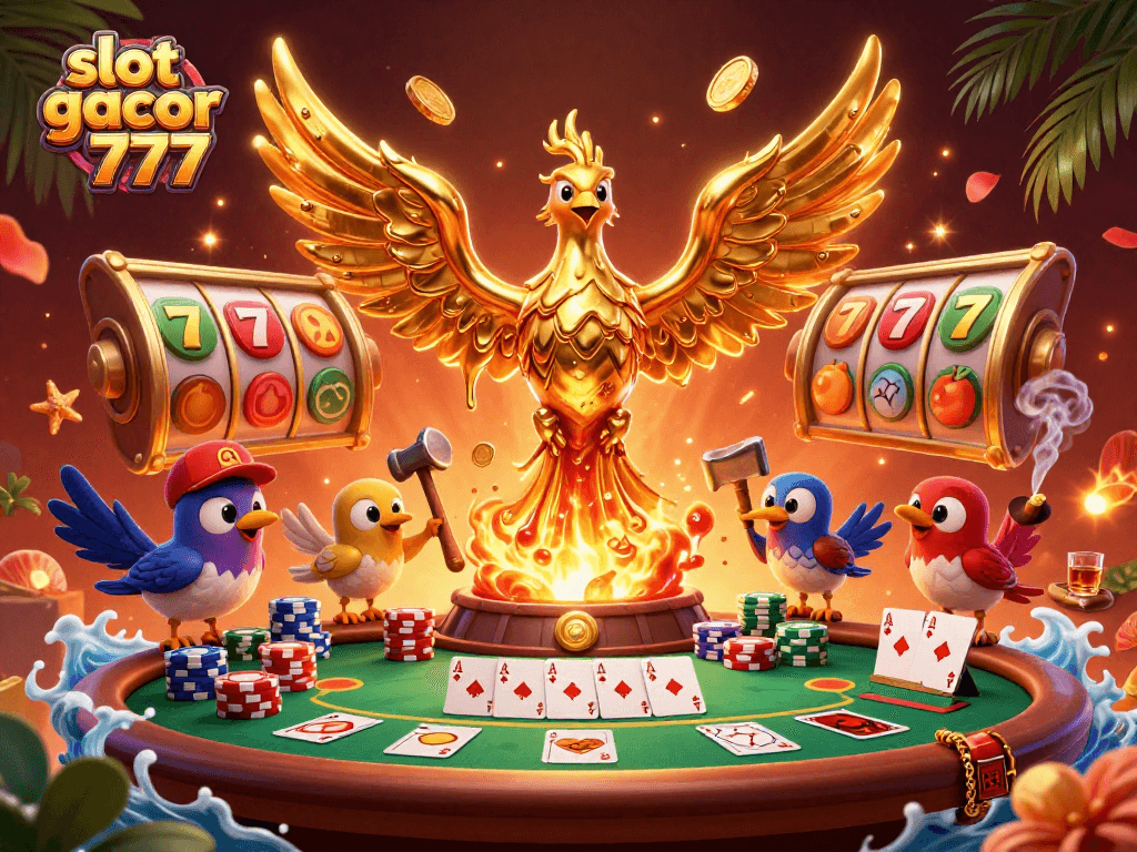 Spin the reels of slot gacor 777 in this vibrant casino-themed illustration filled with golden coins.