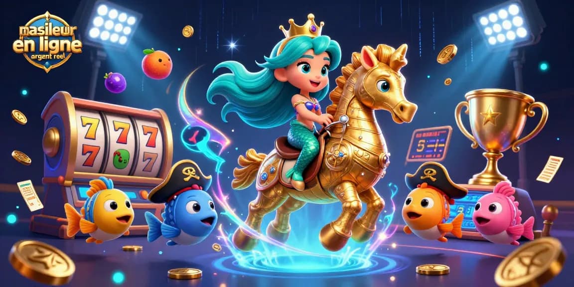 Jouez au meilleur casino en ligne argent réel avec une reine des mers et un hippocampe doré entourés de symboles de machines à sous.