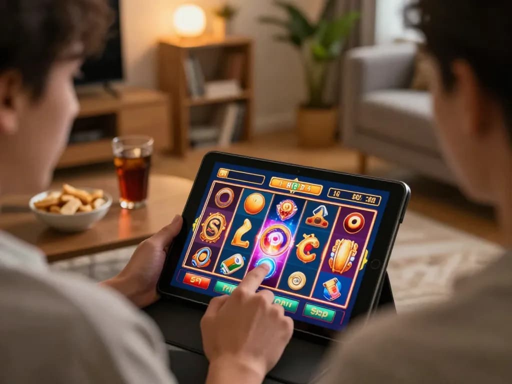 Player enjoying DH88 slots game on tablet in cozy home atmosphere, emphasizing responsible gaming.