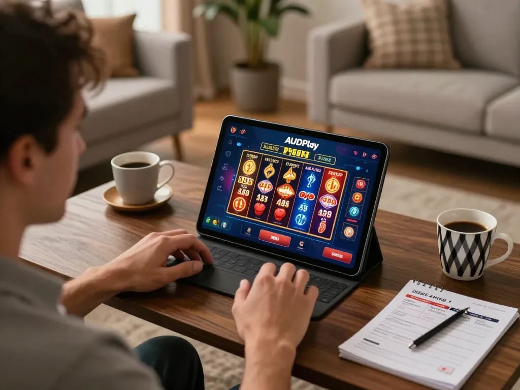 Engaged player exploring AUD Play's exciting online pokies in a comfortable living space