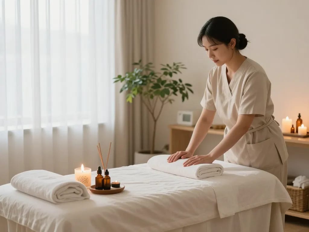 Relaxing massage therapy room prepared for 삼성동마사지 treatments with calming atmosphere and natural light.