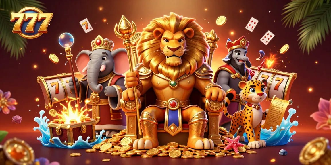 Engage with the exciting 777 slot gaming experience featuring a lion king, elephant advisor, and cheetah messenger.