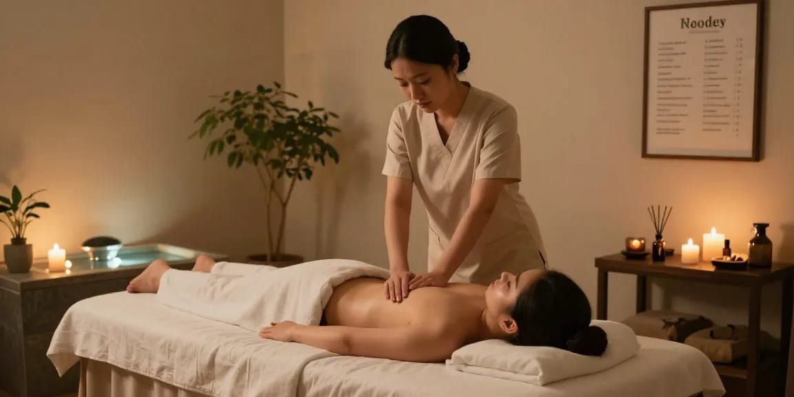 마사지 중인 고객과 테라피스트, 아로마 캔들과 식물이 있는 편안한 공간.