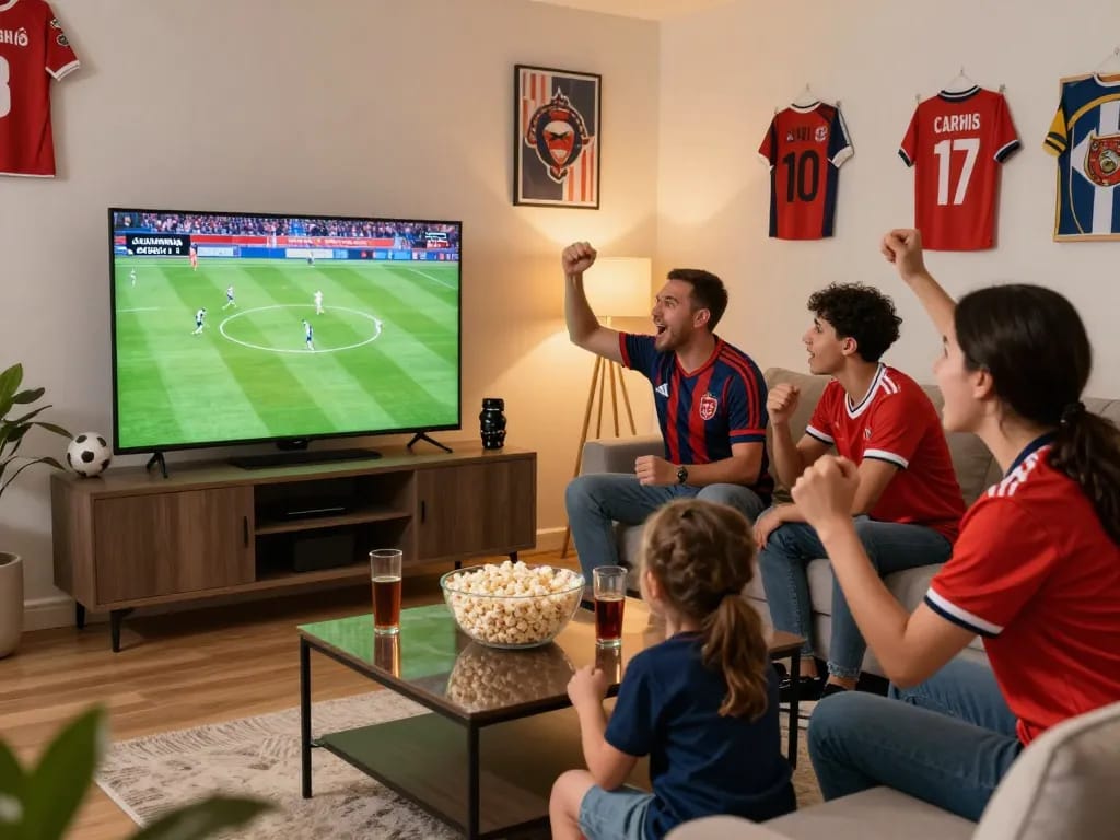 Cakhia fans enjoying a live football match in a cozy home setting, showcasing excitement and community.
