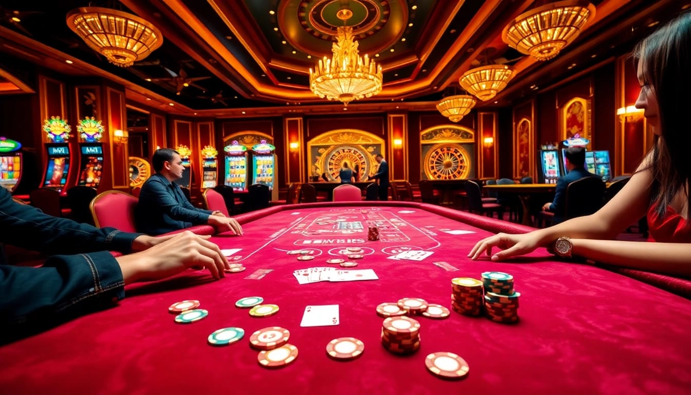 Experience the thrill of j88.com as players engage with casino games at vibrant tables.