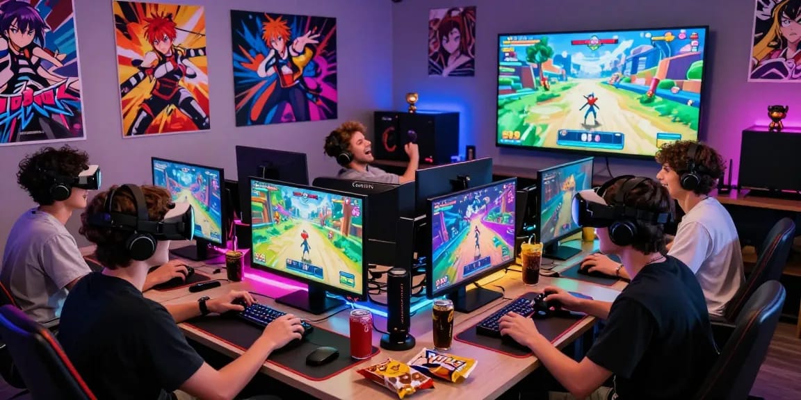Group of friends enjoying hentai game session in vibrant gaming studio.