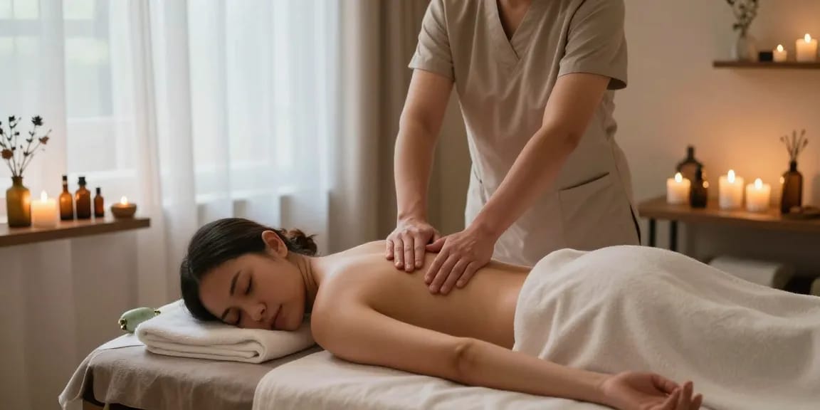 마사지받는 사람과 스웨디시 마사지 치료사, 아늑한 공간의 편안한 분위기