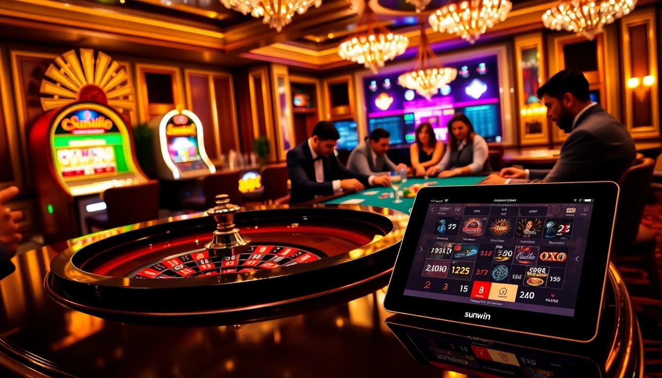 Experience an exciting sunwin moment at the casino with a roulette table and vibrant gaming atmosphere.
