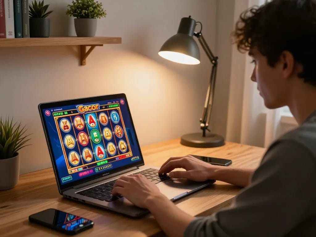 Player engaged in thrilling slot gacor gameplay, focused on laptop screen showcasing colorful slot graphics in cozy home setting.