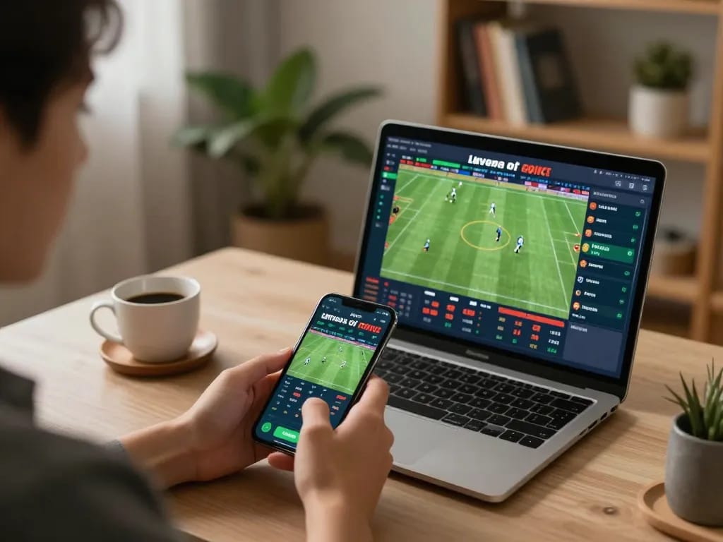 Engage with sports betting strategies on Trang Chủ OKFUN using a phone in a stylish home office