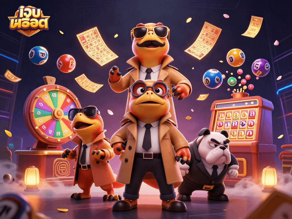 Experience thrilling เว็บสล็อต action in a lively casino scene with raptors and bouncer amidst vibrant lottery elements.
