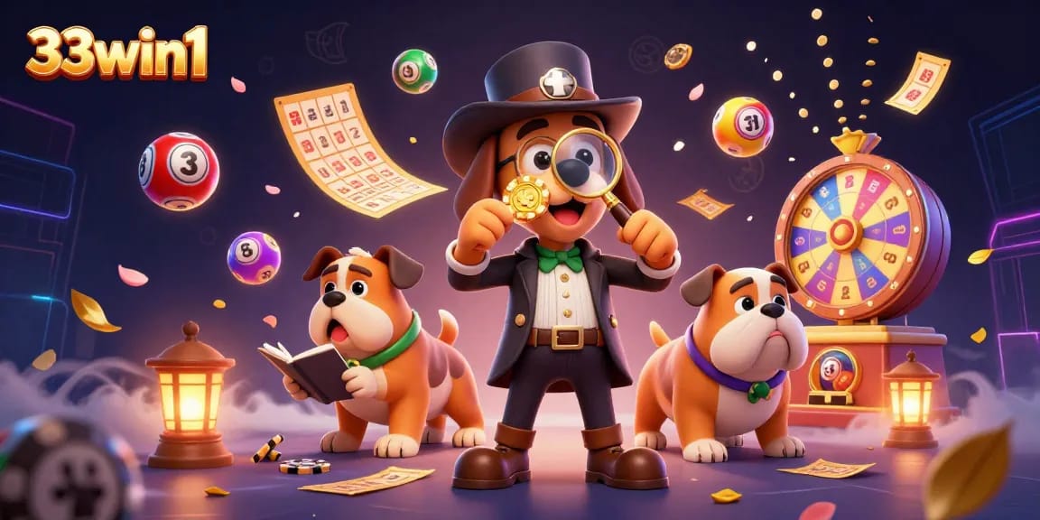 Engage in thrilling gaming action at 33win1 with vibrant lottery scenes, poker chips, and fun characters.