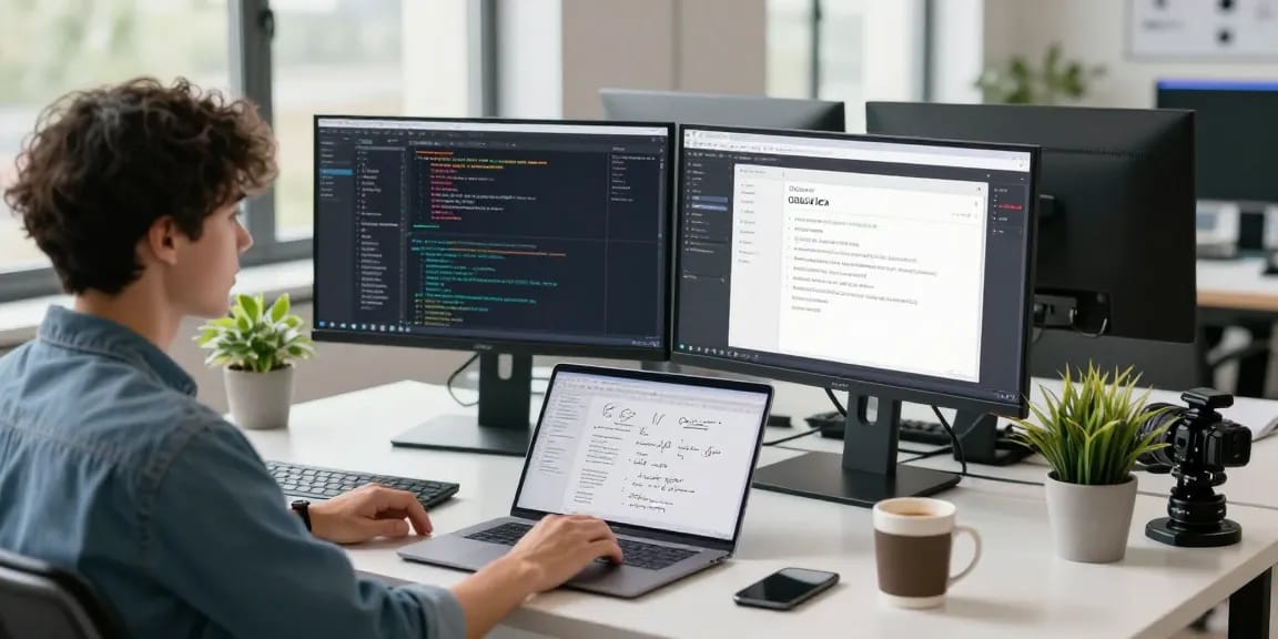 A young developer at a modern office desk working on software projects, showcasing the 纸飞机中文版官网 in a collaborative tech environment.