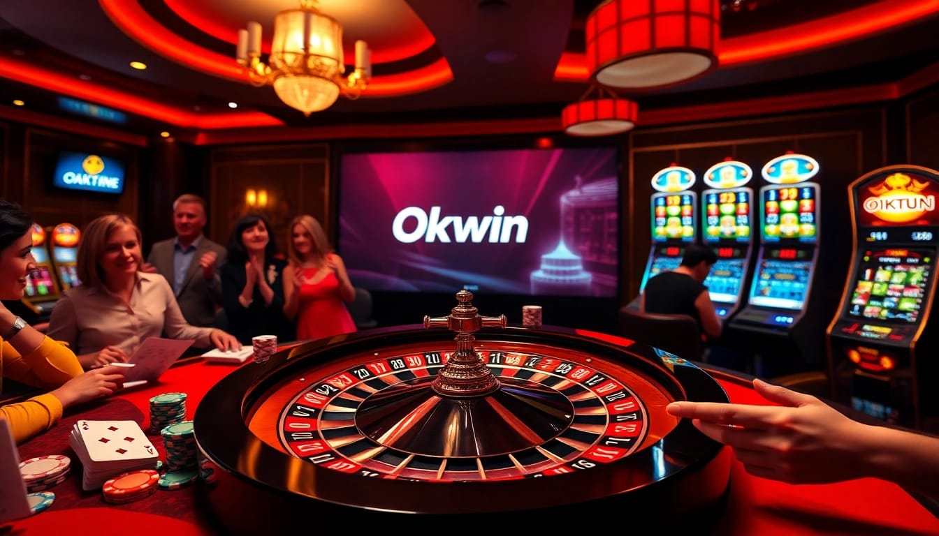 Okwin brings excitement with a lively casino setup featuring a roulette wheel and poker chips.