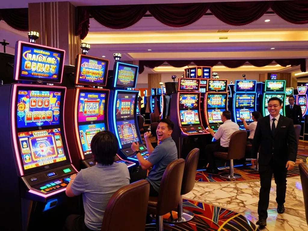 Engaging scene at the slot machines highlighting link free credit slot malaysia opportunities for players celebrating wins
