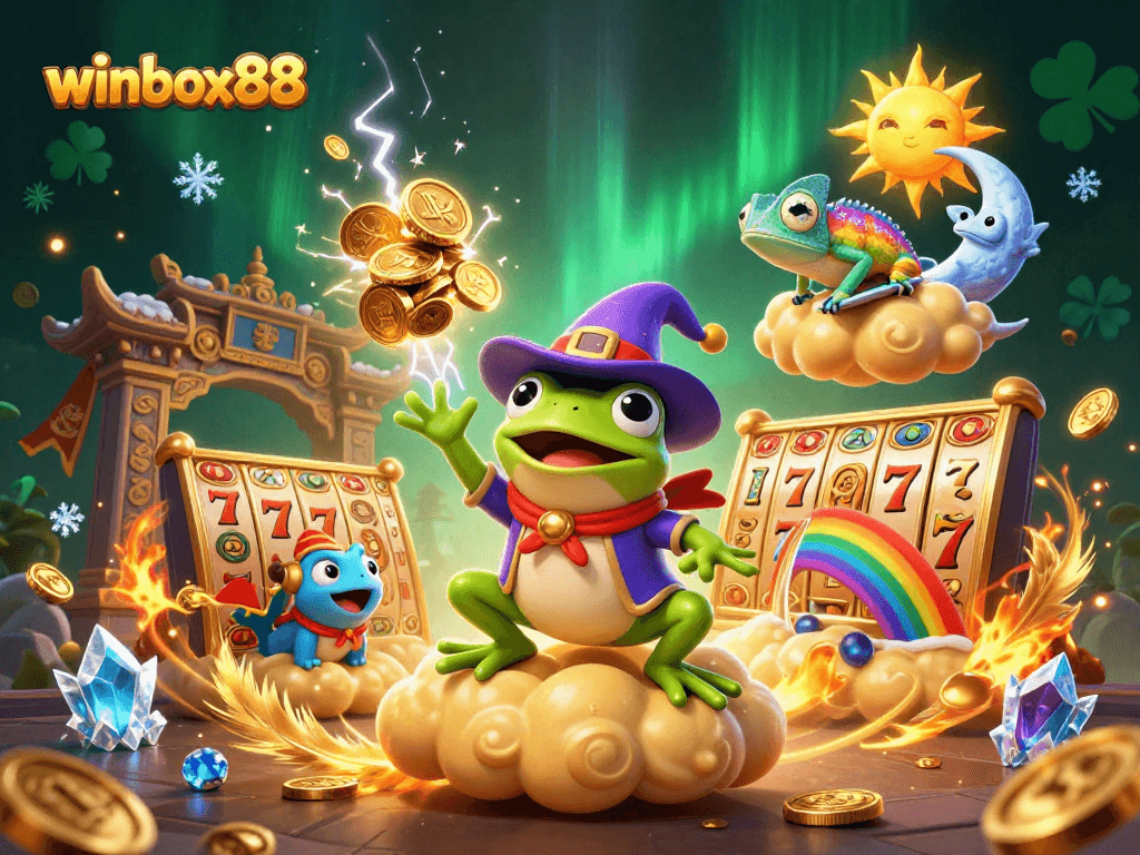 Experience winbox88 with a magical storm of golden coins and vibrant casino elements.