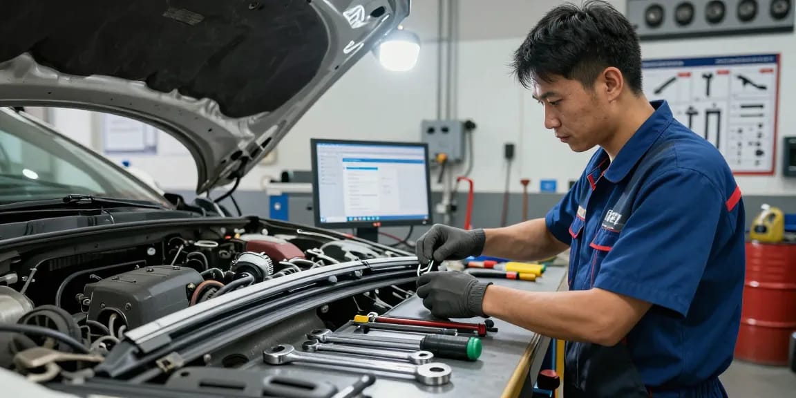 Expert technician inspecting a flat wiper blade in an automotive workshop.
