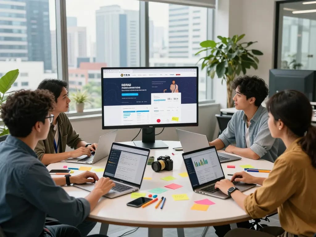 Freelance web designer team collaborating on innovative seo services kl in a modern office.