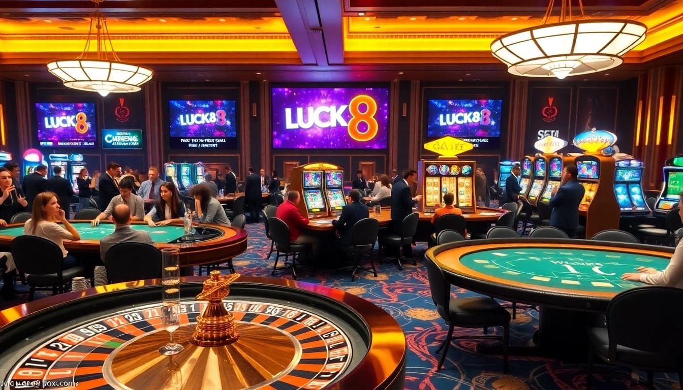 Trải nghiệm sự hứng khởi của LUCK8 với cảnh casino sống động, nổi bật roulette, chip poker và máy đánh bạc.