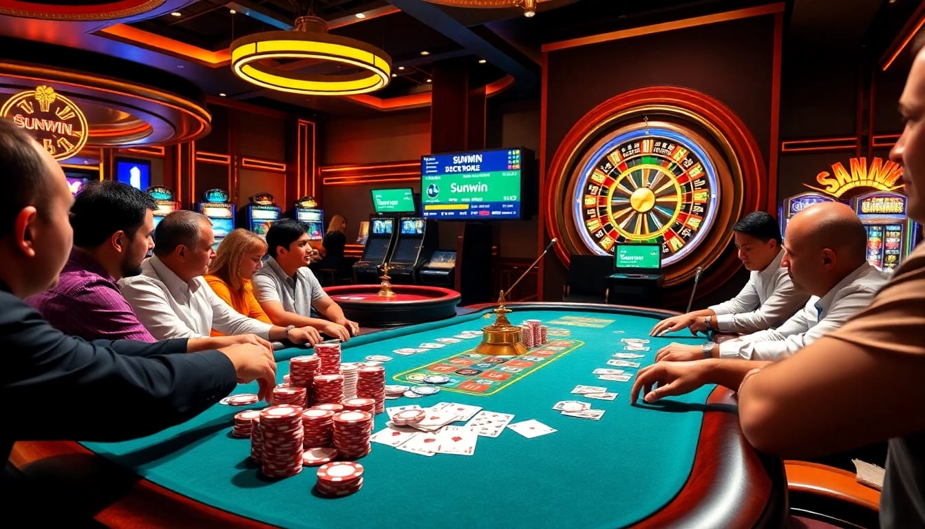 Players enjoying heightened excitement at a poker table, featuring sunwin's leading scoreboard.