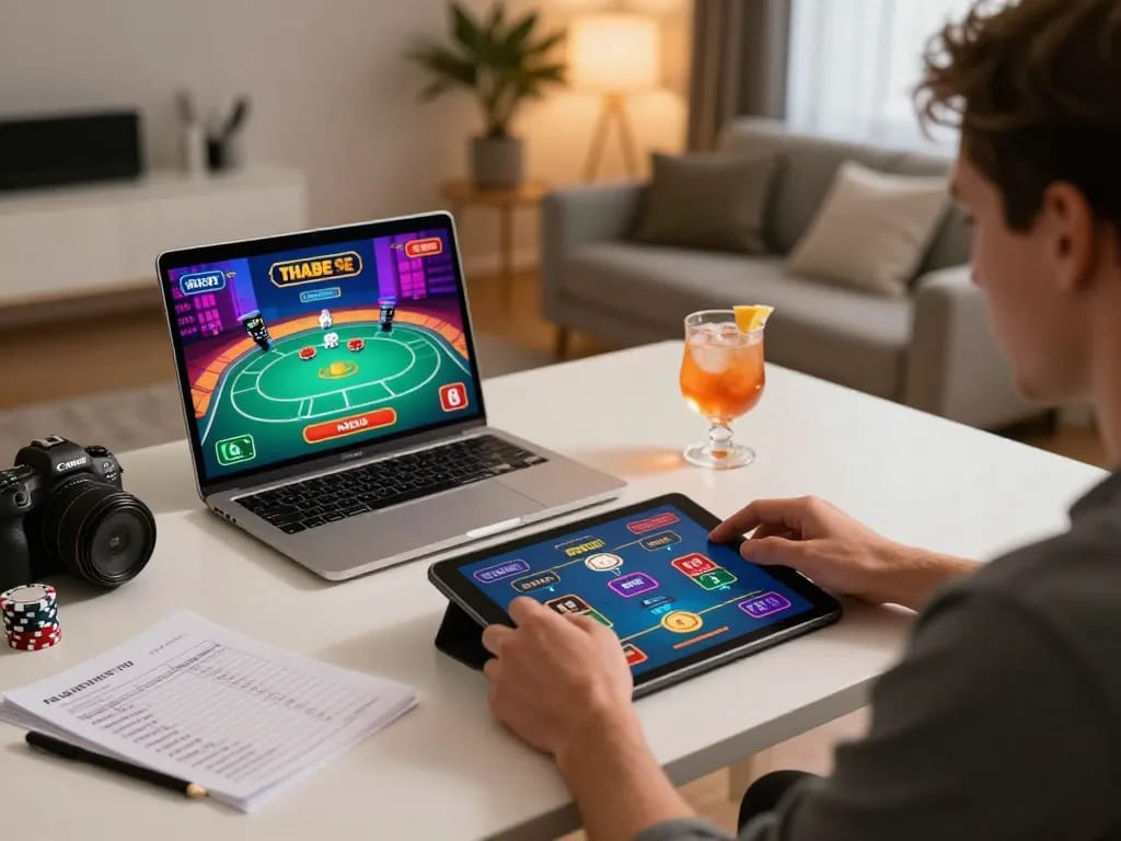 Engaging player experiencing the thrill of thabet online gambling at a modern home setup.