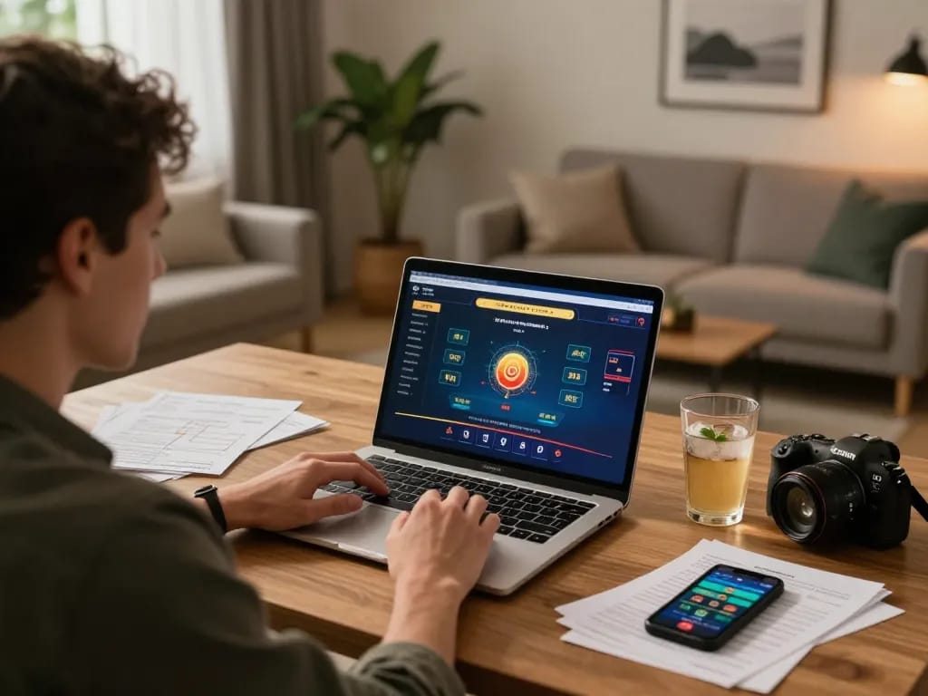 Engaging scene of online gaming at https://gg88.shop/ featuring an individual focused on a blackjack game on laptop, surrounded by strategy notes, creating an immersive gaming experience.