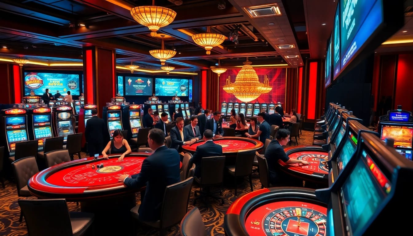 Experience the excitement of mm88 with players at casino tables and dazzling slot machines.